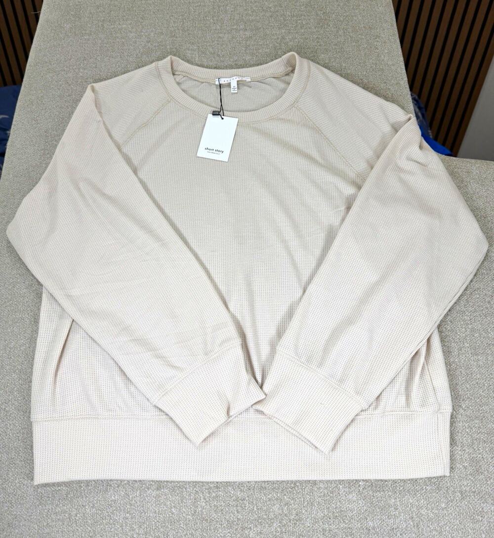 Sojourn Short Story Women’s XL Beige Waffle Knit Crew Neck Raglan Pullover